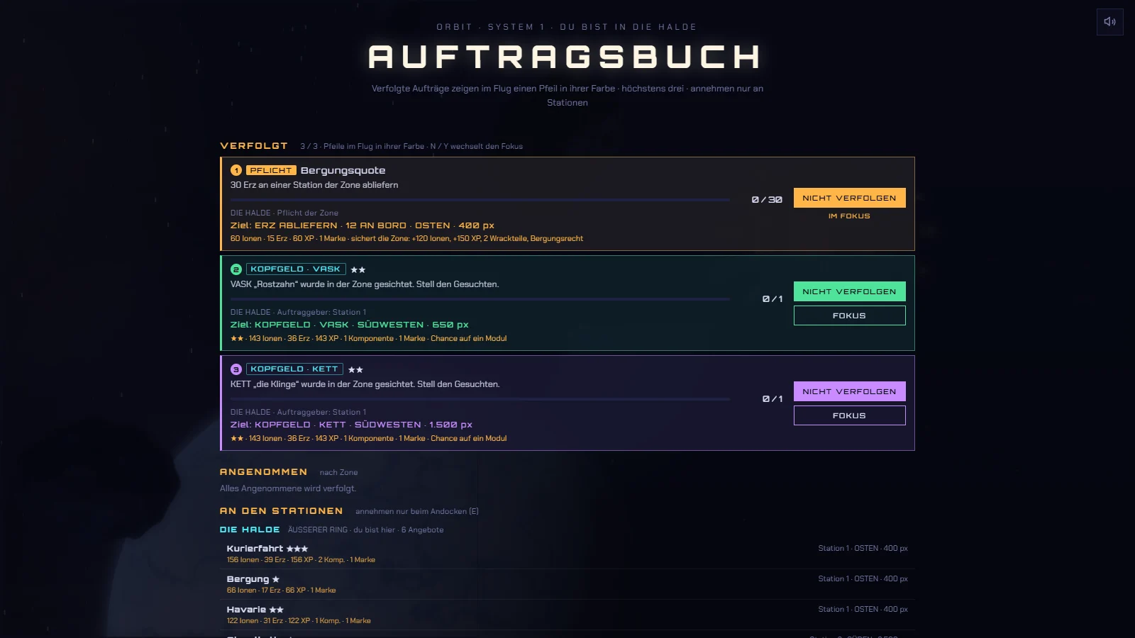 Das Auftragsbuch mit drei verfolgten Aufträgen