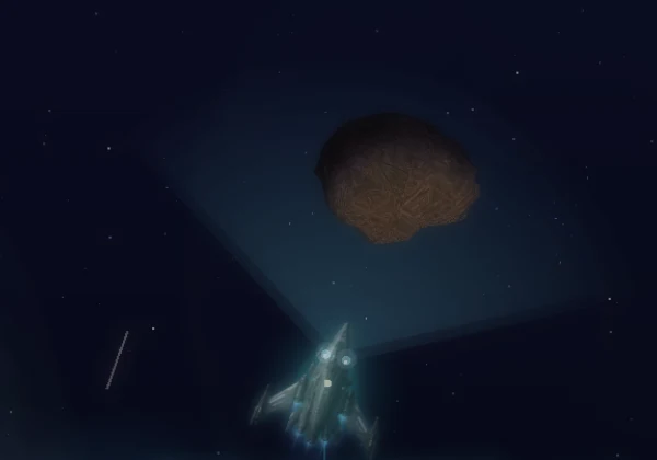 Die Scheinwerfer am Bug leuchten einen Asteroiden an
